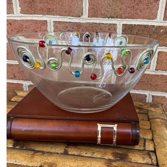 Vintage Adcraft Glass Bowl w/ Applied Stainless Steel Wire Wrapped Beads Boho - Picture 7 of 7